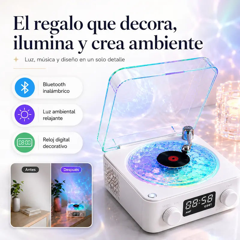Parlante Tocadiscos Aurora 4 en 1 | Música, luz y decoración para tu espacio